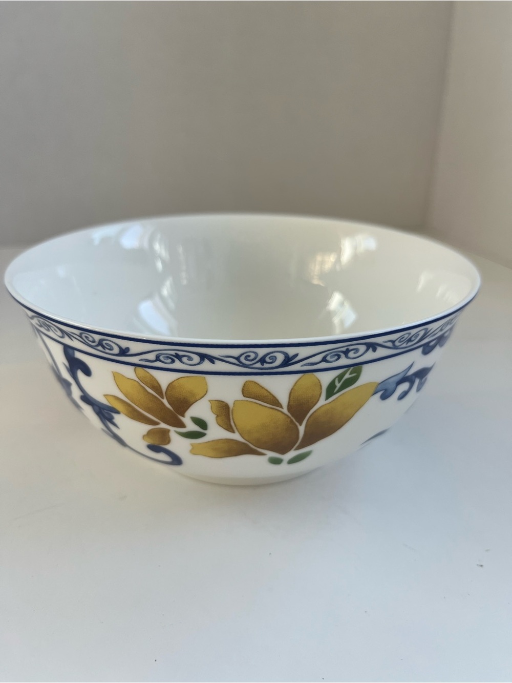 Ralph Lauren- Mandarin Blue Porcelain Floral Serving Bowl in Blue and Gold NEW
